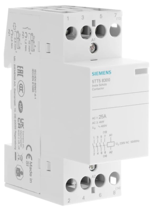 Siemens 5TT5830-0 Insta CONTACTOR with 4 Make Contacts Contact for 230, 400 V AC, 25 A TRIGGERING 230 V AC, White
