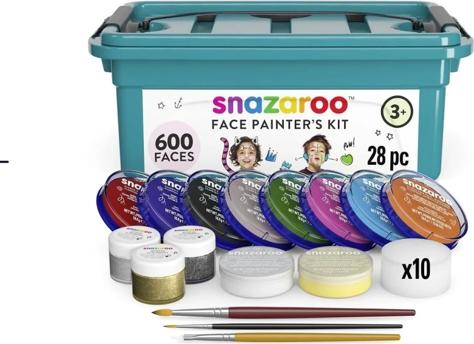 Snazaroo Face Painters Kit for Kids & Adults, 28 Pieces, 10 Colours, Brushes, Glitter Gels, Sponges, Guide, Water Based, Easily Washable, Makeup, Body Painting