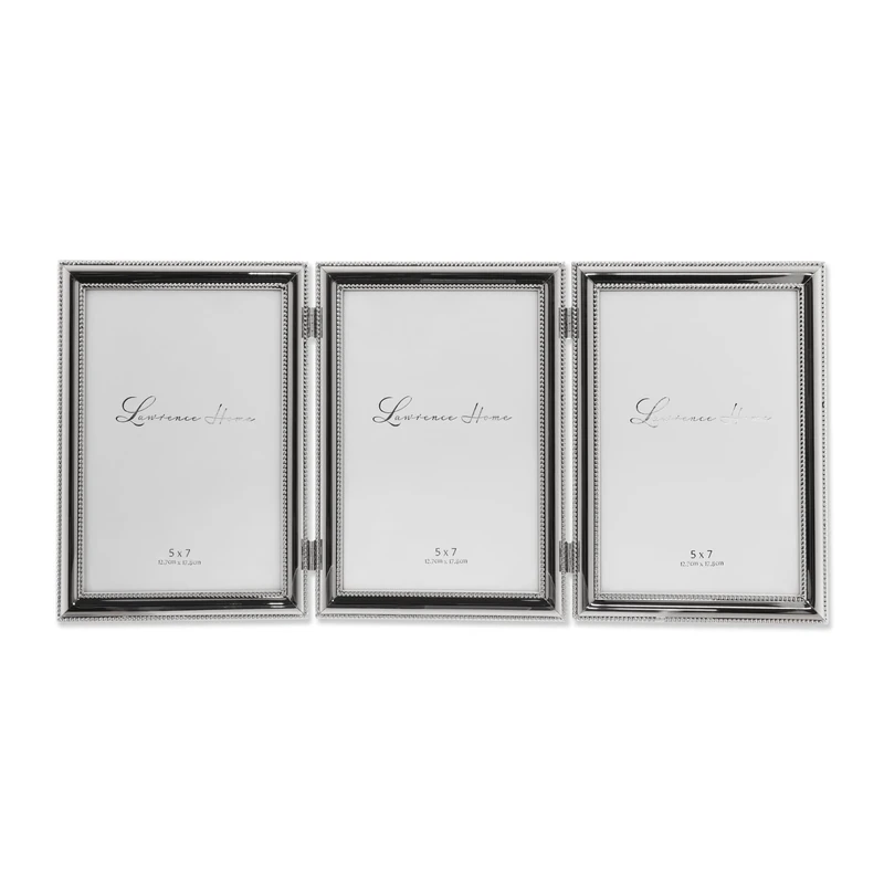 Lawrence Frames Hinged Triple (Vertical) Metal Picture Frame Silver-Plate with Delicate Beading, 5 by 7-Inch