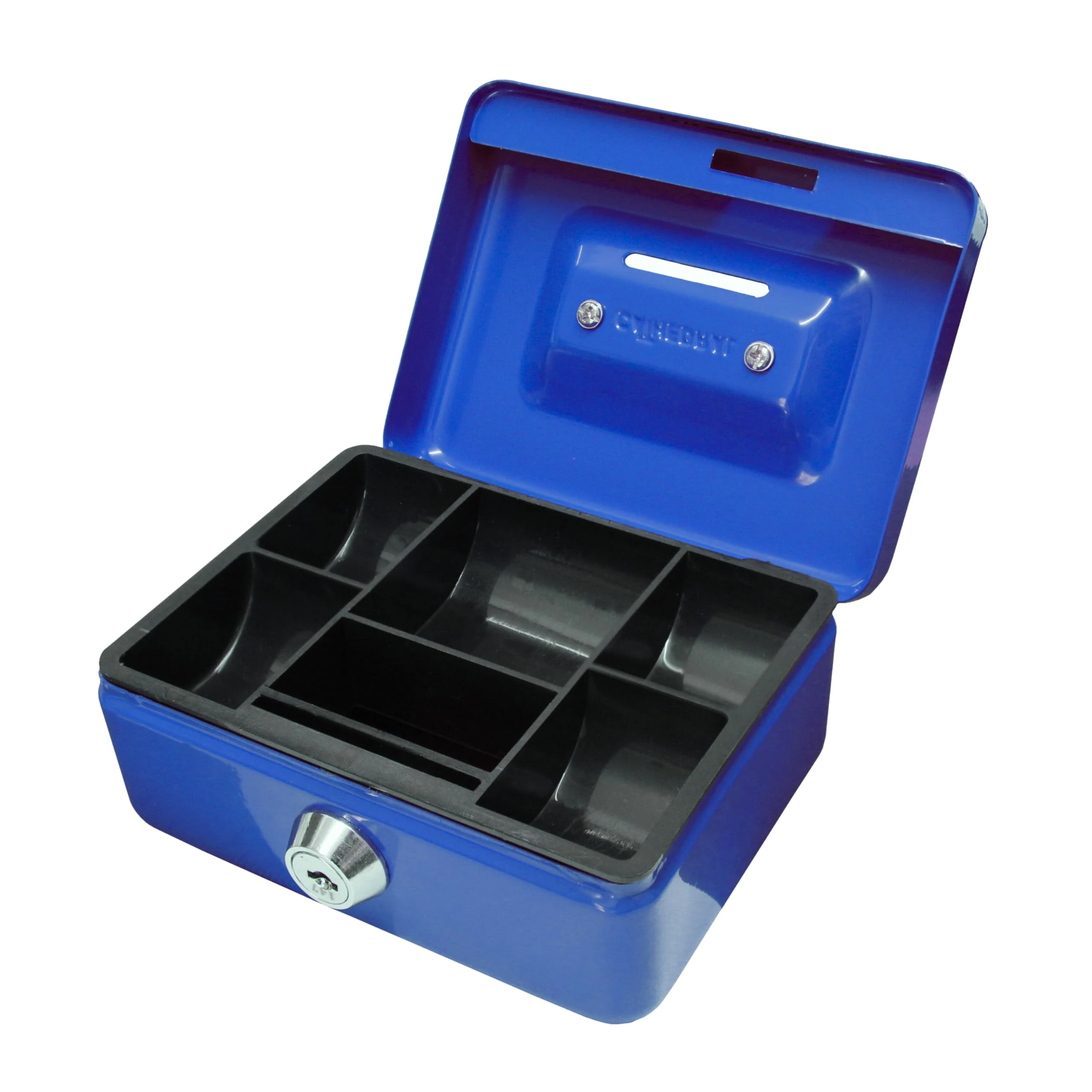 Cathedral Products Key Lockable Cash Box with Lift Out 6 Compartment Coin Tray - 4 Inch - Blue