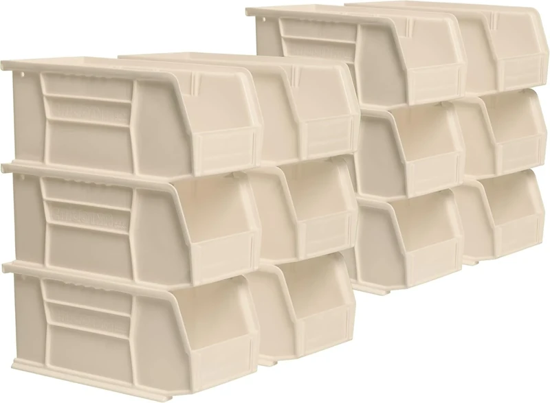 Akro-Mils 30230 AkroBins Plastic Storage Bins, Space-Saving Stackable Bins for Garage, Pantry, Craft Organization, 27.94 cm x 12.7 cm x 12.7 cm, Stone, 12-Pack