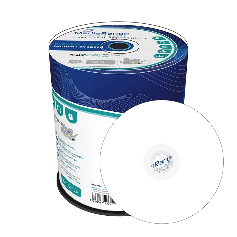 MediaRange DVD+R Double Layer 8.5Gb|240min 8x Write Speed, Full Surface Printable, Cake Box of 100