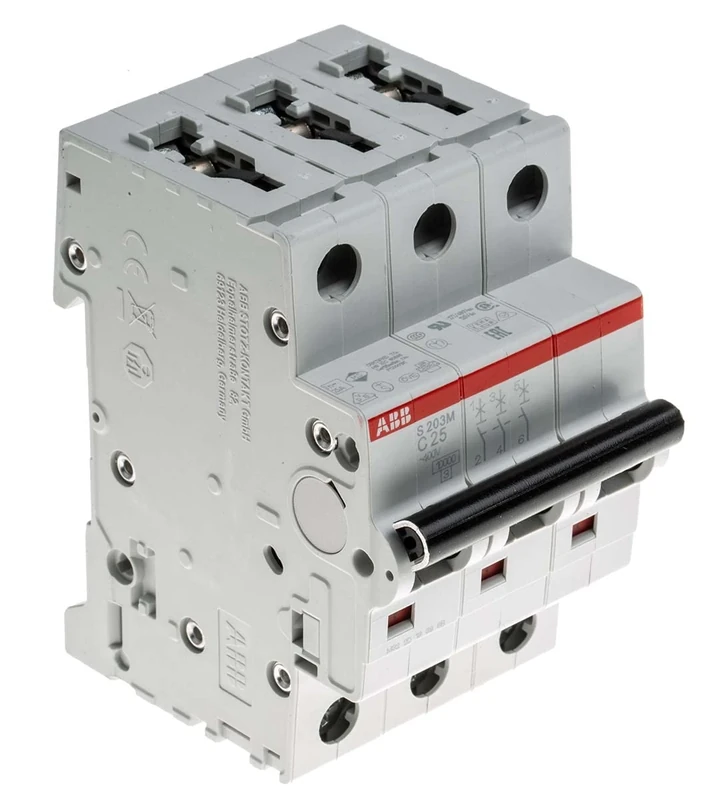 ABB S203M-C25 Miniature Circuit Breaker, 3 Pole, Type C, 10kA/15kA Breaking Capacity, 25 Amp Current (2CDS273001R0254)