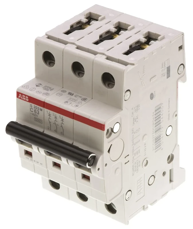 ABB S203M-C63 Miniature Circuit Breaker, 3 Pole, Type C, 10kA/15kA Breaking Capacity, 63 Amp Current (2CDS273001R0634)