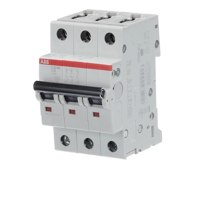 ABB S203M-C6 Miniature Circuit Breaker, 3 Pole, Type C, 10kA/15kA Breaking Capacity, 6 Amp Current (2CDS273001R0064)