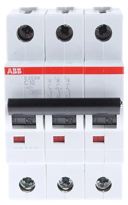 ABB S203M-C10 Miniature Circuit Breaker, 3 Pole, Type C, 10kA/15kA Breaking Capacity, 10 Amp Current (2CDS273001R0104)