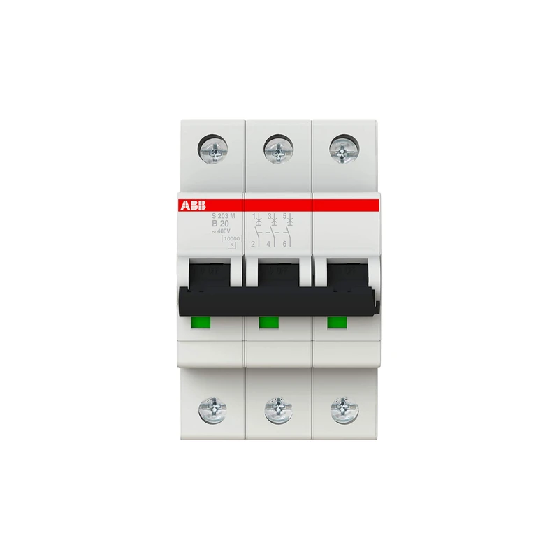 ABB S203M-B20 Miniature Circuit Breaker, 3 Pole, Type B, 10kA/15kA Breaking Capacity, 20 Amp Current (2CDS273001R0205)