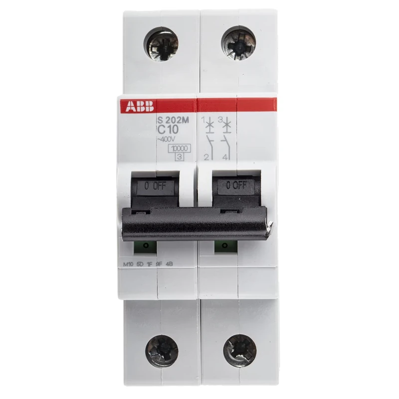 ABB S202M-C10 Miniature Circuit Breaker, 2 Pole, Type C, 10/15kA Breaking Capacity, 10 Amp Current (2CDS272001R0104)