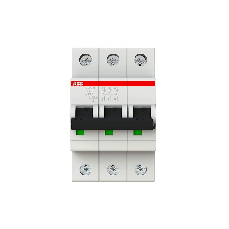 ABB S203M-C20 Miniature Circuit Breaker, 3 Pole, Type C, 10kA/15kA Breaking Capacity, 20 Amp Current (2CDS273001R0204)