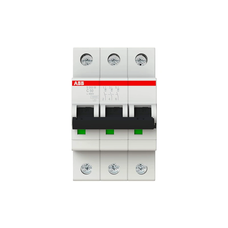 ABB S203M-C50 Miniature Circuit Breaker, 3 Pole, Type C, 10kA/15kA Breaking Capacity, 50 Amp Current (2CDS273001R0504)