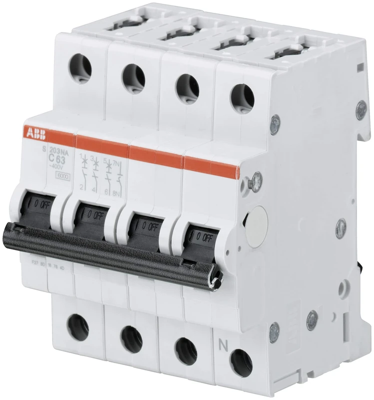 ABB S203-C2NA Miniature Circuit Breaker, 3 Pole+N, Type C, 6/10kA Breaking Capacity, 2 Amp Current (2CDS253103R0024)