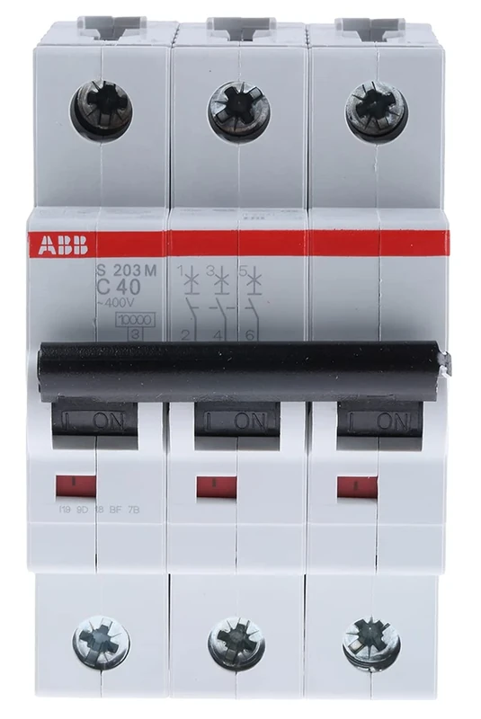 ABB S203M-C40 Miniature Circuit Breaker, 3 Pole, Type C, 10kA/15kA Breaking Capacity, 40 Amp Current (2CDS273001R0404)