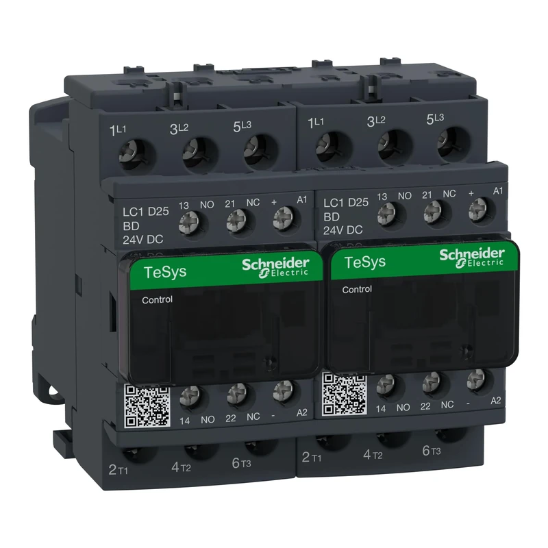 Schneider Electric TeSys Deca reversing contactor,3P(3NO),AC-3,=440V 25A,24V DC coil,LC2D25BD