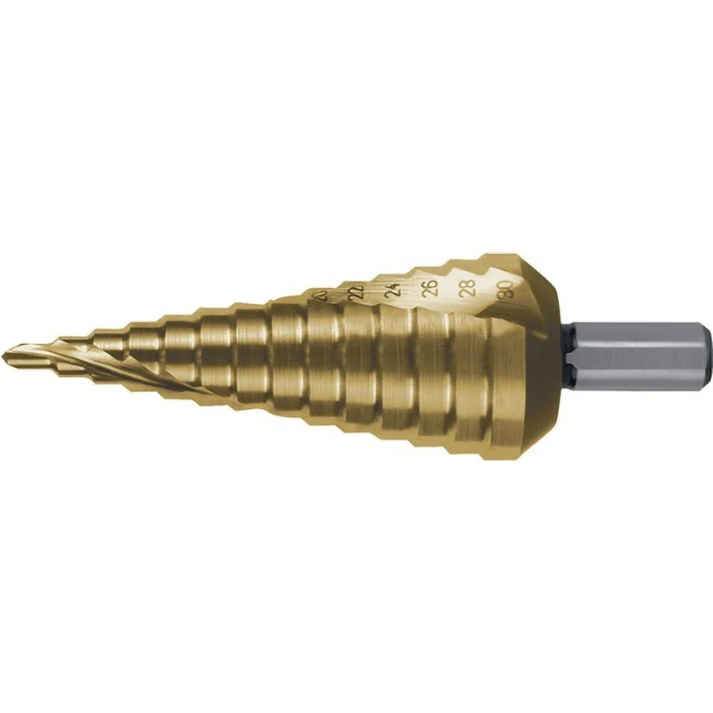 RUKO HSS Spiral Fluted Step Drill Bit with Split Point, Tin Finish, 4.0-30.0 mm Diameter, Size 2, 100.0 mm Length, R101052T