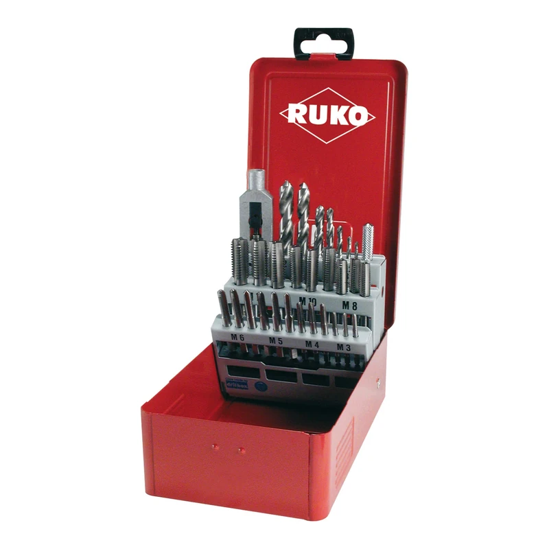 Ruko HSS Hand Tap Set Steel Case, Bright Finish, 29 Pieces, R245003