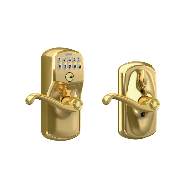 Schlage Lock Company FE595 PLY X FLA 505 KDC 12-287 10-063 Plymouth Keypad Entry with Flex-Lock and Flair LeverKnob, Electronic Keyless, Bright Brass, FleXLock