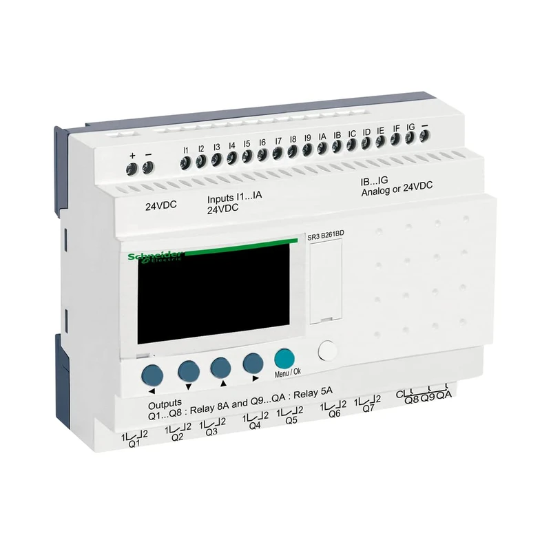 Schneider Electric modular smart relay, Zelio Logic SR2 SR3, 26 IO, 24V DC, clock, display, 10 relay outputs