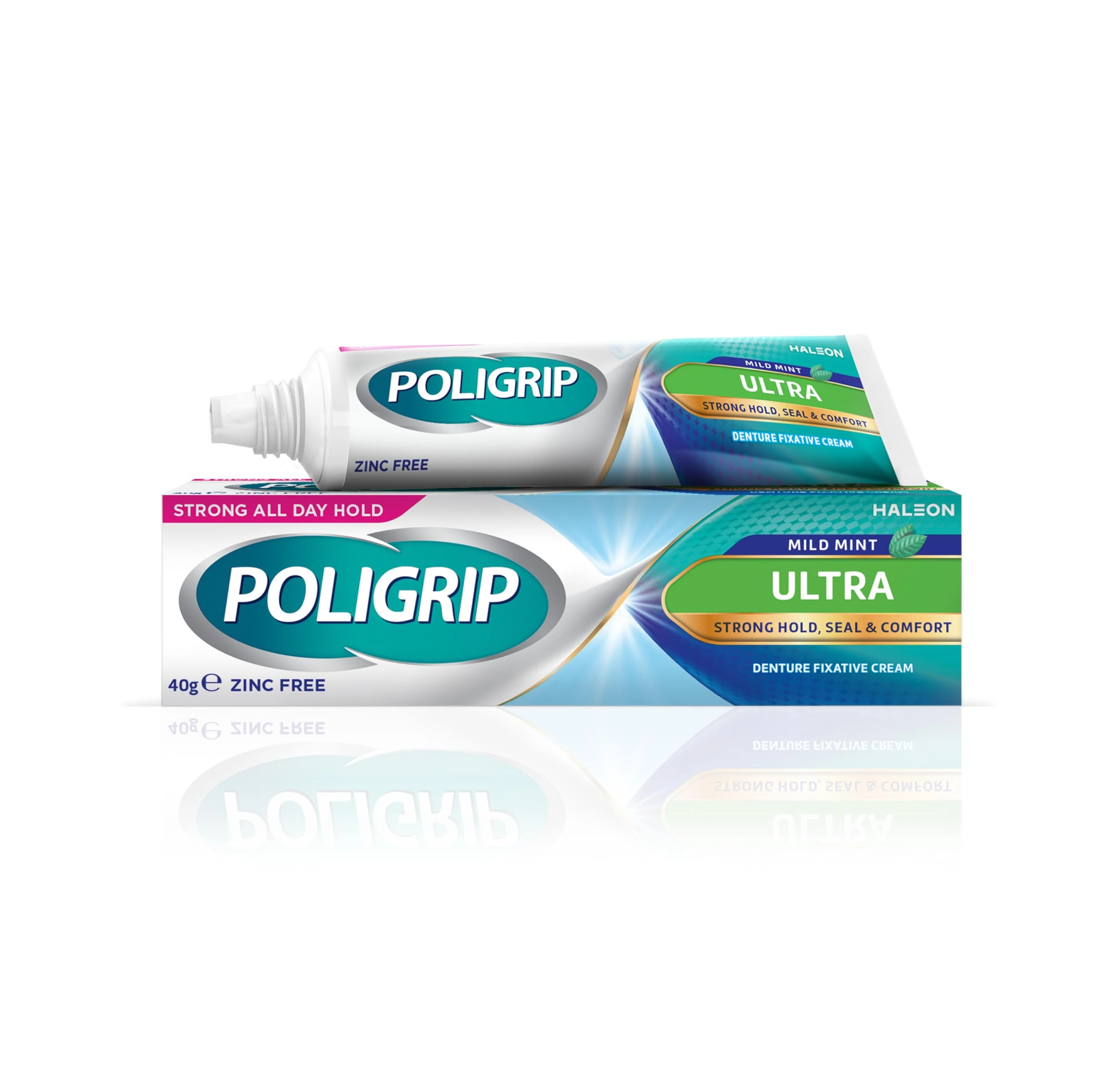 Poligrip Denture Fixative Adhesive Cream Ultra for strong all-day hold of dentures, 40g