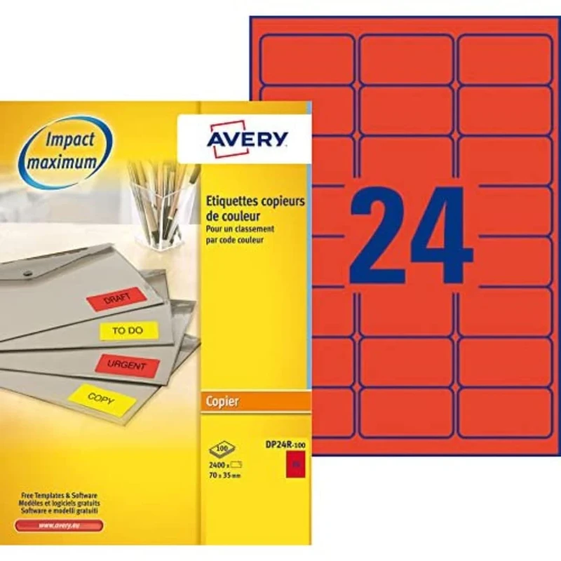 AVERY - Box of 2400 self-Adhesive Labels Fluorescent red, Format 70 x 35 mm, Copier Printing, (DP24R-100)