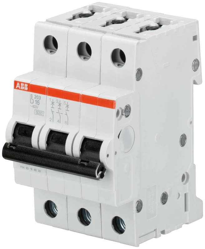 ABB S203-D16 Miniature Circuit Breaker, 3 Pole, Type D, 6/10kA Breaking Capacity, 16 Amp Current (2CDS253001R0161)