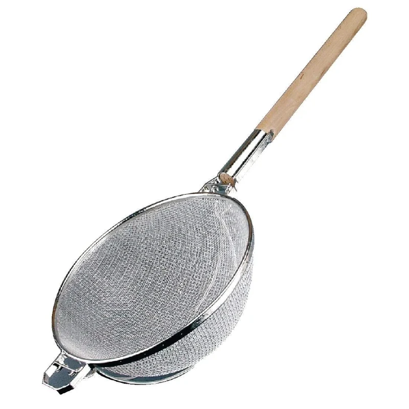 Heavy Duty Strainer - Large 14 inch/350(Dia)mm, Stainless Steel & Wood, Double Mesh, Drain Rice & Pasta Easily, C832