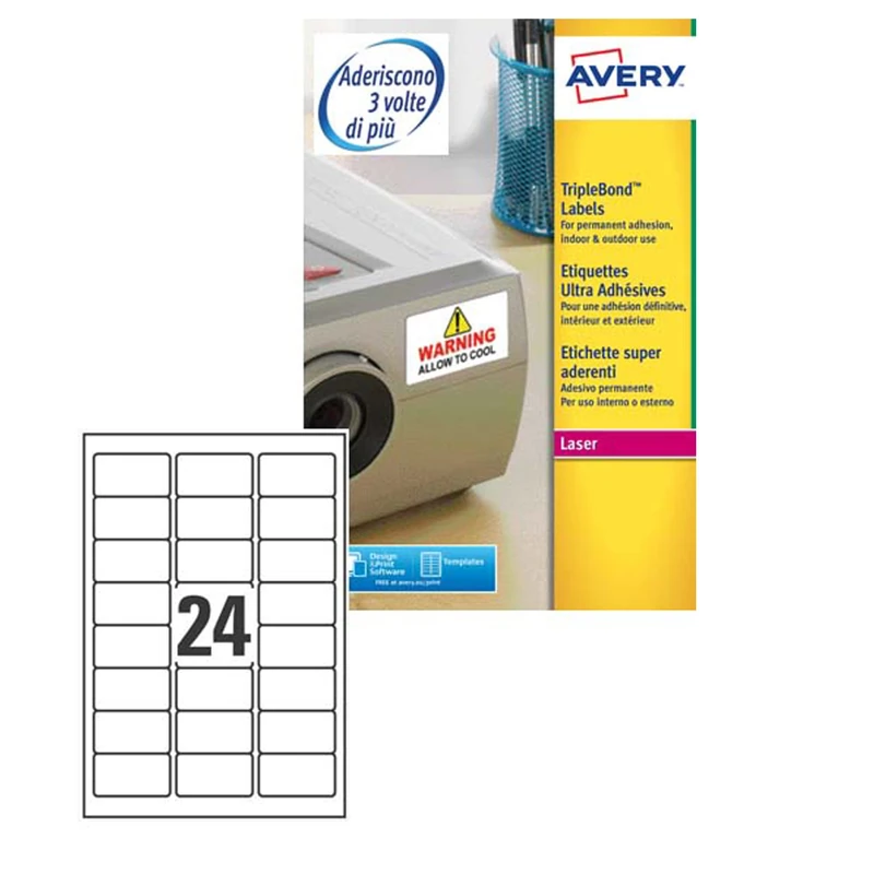 AVERY L6141-20 Adhesive Labels 480 Ultra-Adhesive White. 63.5 x 33.9 mm. Laser Printing
