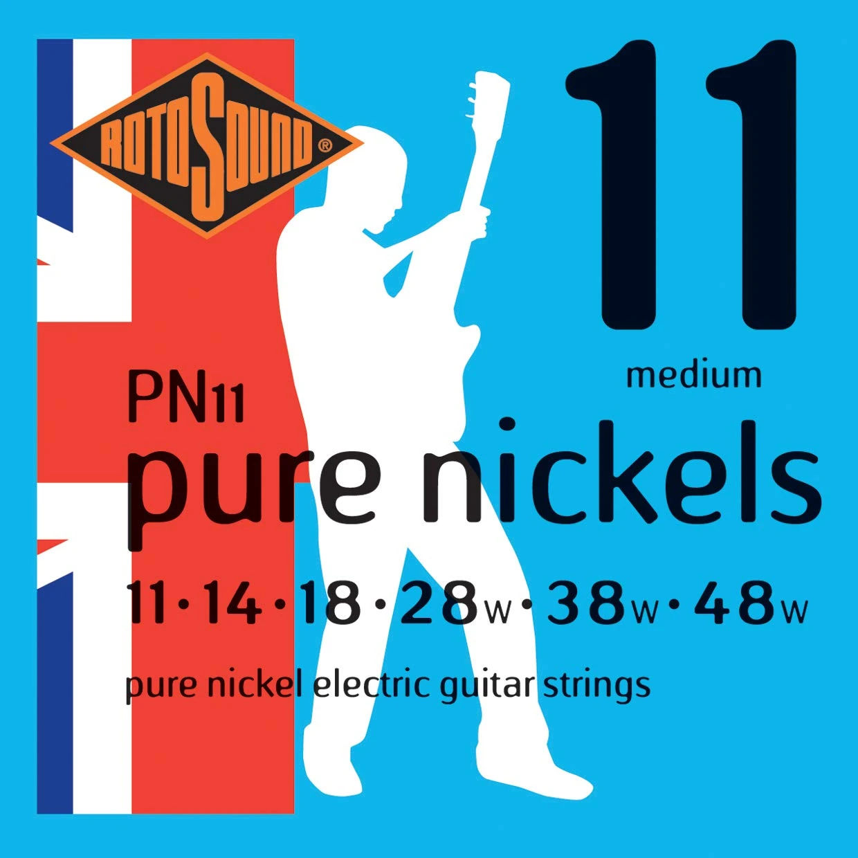 Rotosound Pure Nickel Medium Gauge Electric Guitar Strings (11 14 18 28 38 48), PN11,White Black Red Blue