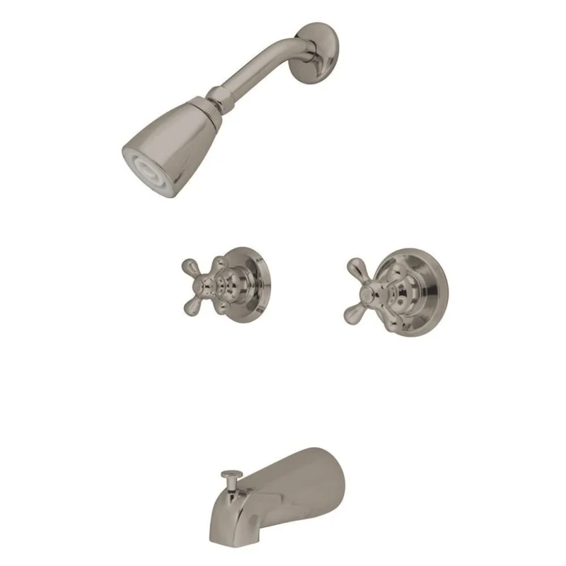 Kingston Brass KB248AX Twin Handle Tub and Shower Faucet with Decor Cross Handle, Satin Nickel,5-Inch Spout Reach