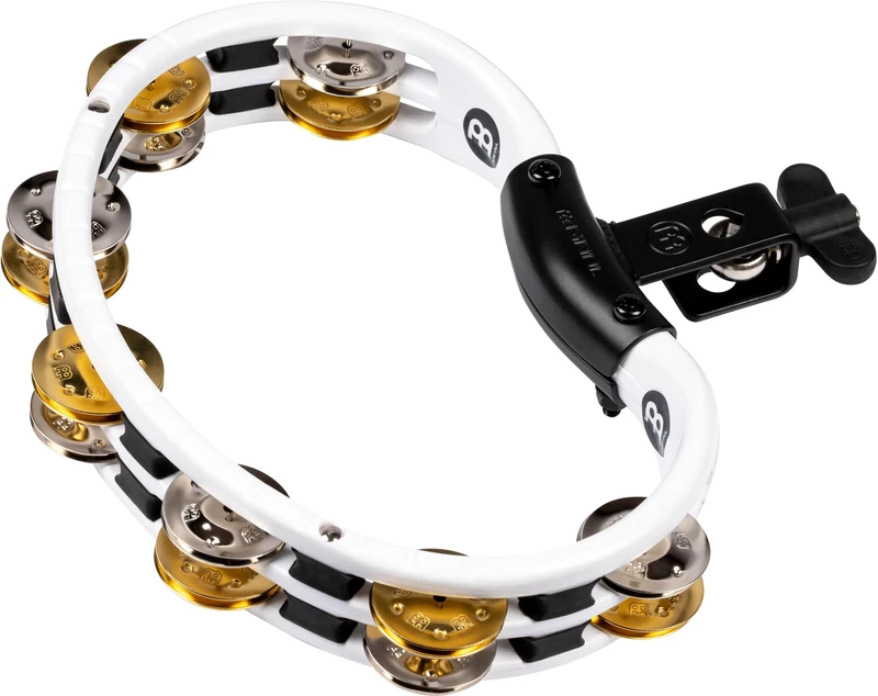 Meinl Percussion Traditional Mountable Tambourine - 2-Row Tambourine - With Holder - ABS Plastic / Brass and Steel, White / Gold and Silver (TMT2M-WH)