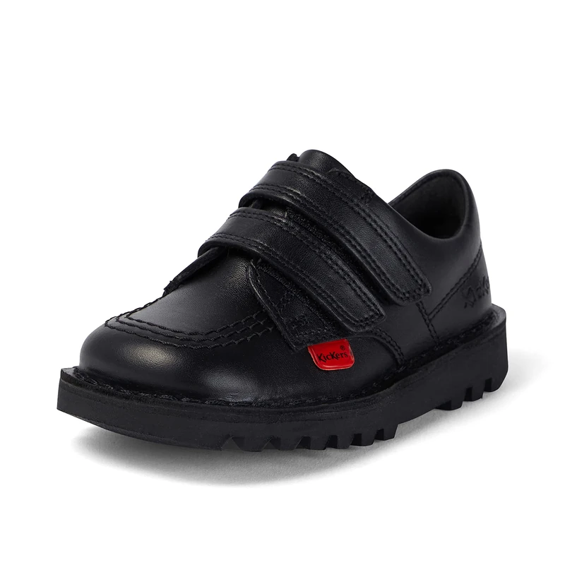 Kickers Unisex Kids Kick Lo Vel Twin Strap Black Leather School Uniform Shoes | Smart Everyday School Look | Hook & Loop Fastening, Cushioned for All-Day Wear, Black, 5 UK Child