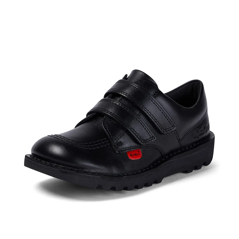 Kickers Unisex Kids Kick Lo Vel Twin Strap Black Leather School Uniform Shoes | Smart Everyday School Look | Hook & Loop Fastening, Cushioned for All-Day Wear, Black, 12 UK Child