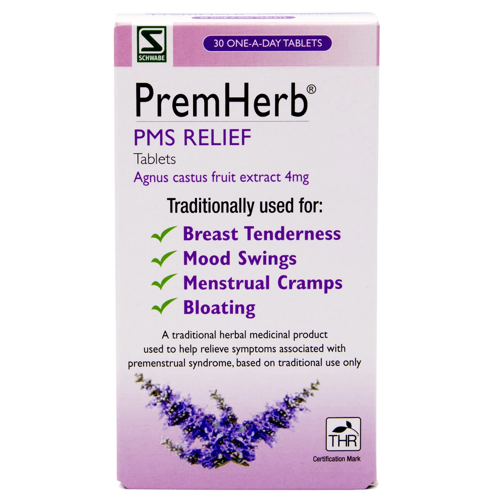 Schwabe Pharma - Premherb PMS Relief - Agnus Castus Fruit Extract 4mg - Traditionally Used for Relief of Breast Tenderness, Mood Swings, Menstrual Cramps, Bloating - 30 Tablets