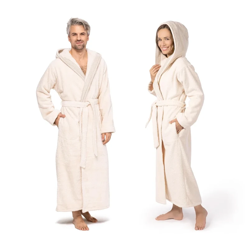 möve Wellness hooded bathrobe with chenille piping in size XXL made of 100 % cotton (Spinair), nature
