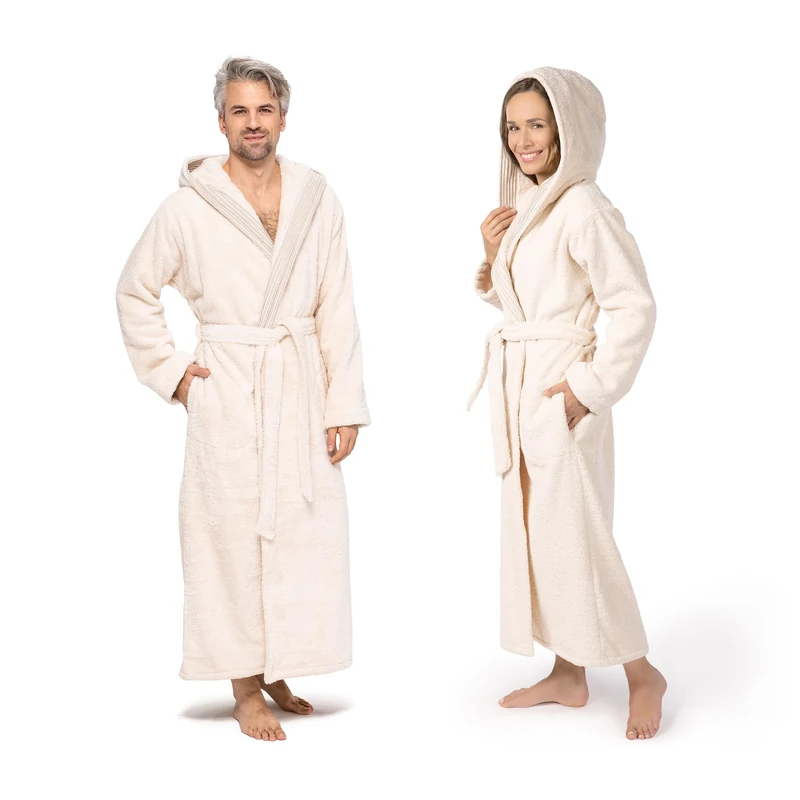 möve Wellness hooded bathrobe with chenille piping in size M made of 100 % cotton (Spinair), nature