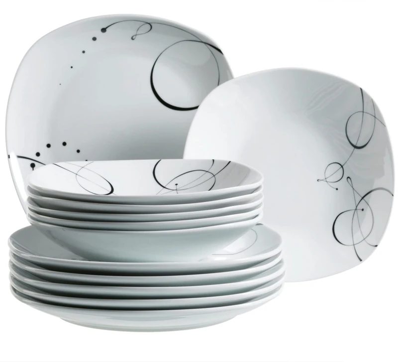 Mäser, Chanson Series, Flat Plates à 25 cm, Deep Plates 21.5 cm, Porcelain Crockery Dinnerware Set