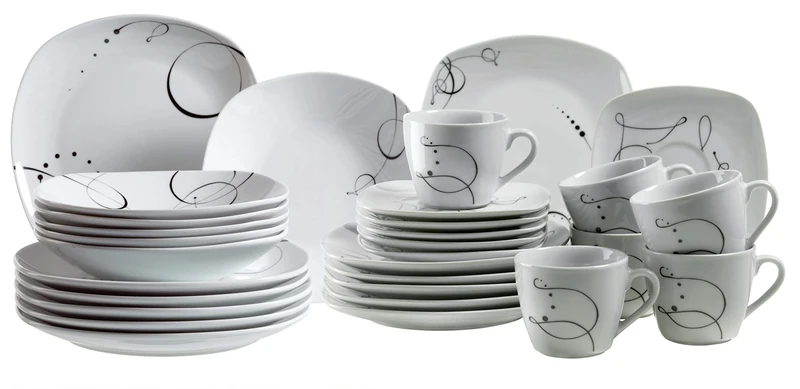 Mäser, Chanson Series, 30 Piece Porcelain Crockery Dinnerware Set, Coffee Cups and Saucers, Dessert Plates, Flat Plates and Deep Plates