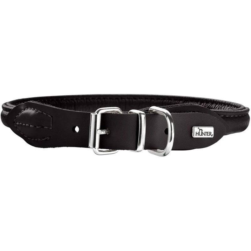 Hunter Round and Soft Elk Leather Dog Collar, Black, Adjustabilities 41-46cm