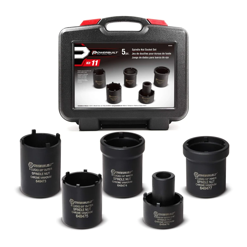 Powerbuilt Spindle Nut Socket Tool Kit, 5 Piece, Remove Spindle Nuts, Various Size Lug Out Spindle Sockets, Size Markings, Storage Case - 648636