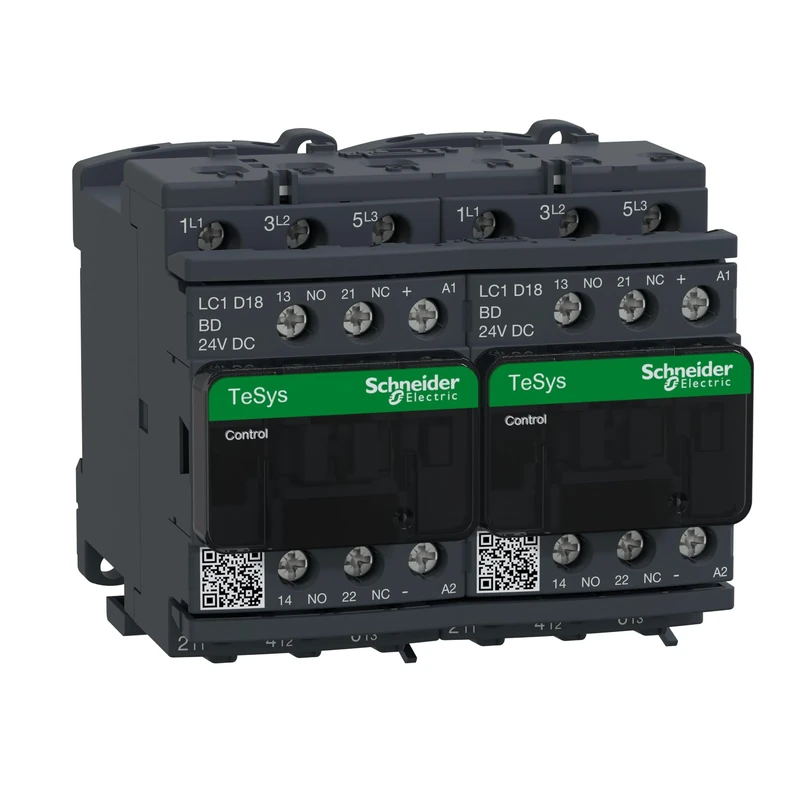 Schneider Electric TeSys Deca reversing contactor,3P(3NO),AC-3,=440V 18A,24V DC coil,with electrical interlocking,LC2D18BD