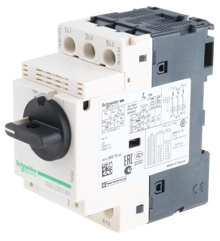 Schneider Electric, Motor circuit breaker, TeSys GV2, 3P, 18 A, magnetic, rotary handle, screw clamp terminals, GV2L20
