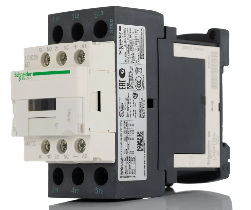 Schneider Electric TeSys Deca contactor,3P(3NO),AC-3/AC-3e,=440V 25A,48V DC coil,LC1D25ED