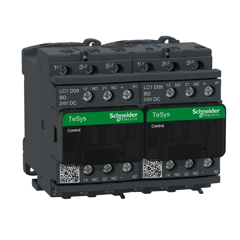 Schneider Electric TeSys Deca reversing contactor,3P(3NO),AC-3,=440V 9A,24V DC coil,with electrical interlocking,LC2D09BD