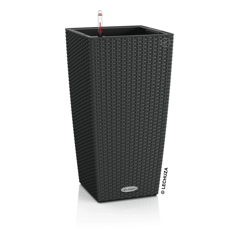 Lechuza Self Watering Plant Pots CUBICO Cottage 30 Rattan Look Plastic Garden Outdoor Indoor Planter with Drainage Hole H56 L30 W30 cm Granite