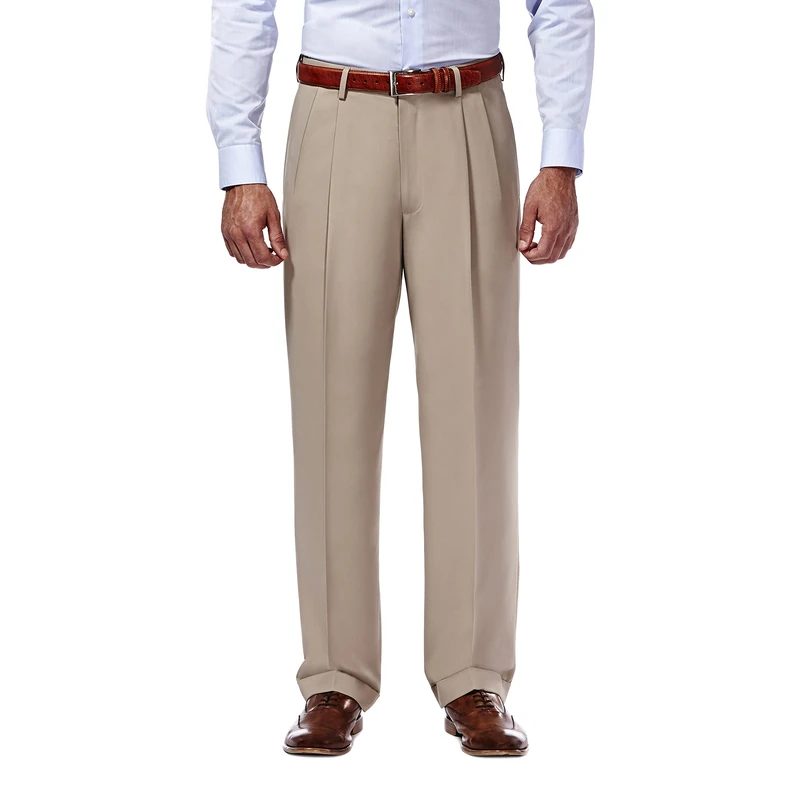 Haggar Men's Mynx Gabardine Pleat-Front Dress Pant with Hidden Expandable Waist, Tan, 42W x 32L
