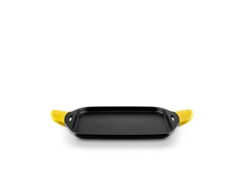 Castey Flat Tray Pan with Silicone handle Protectors, Cast Aluminium, Black/Yellow 45cm/17.75"