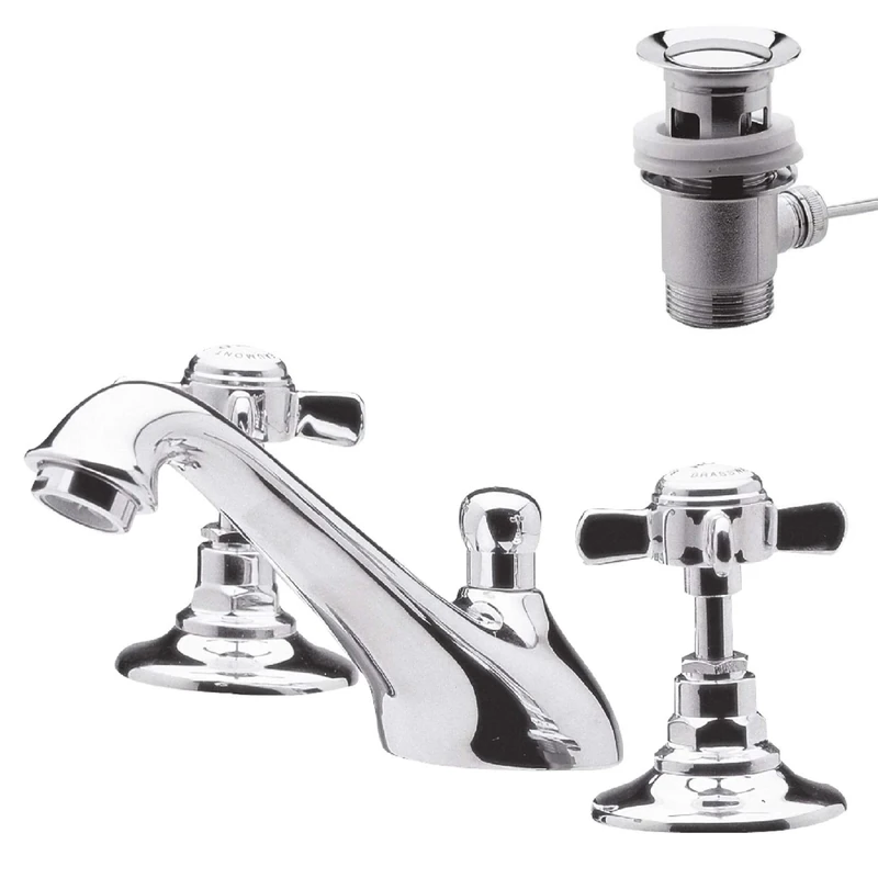 nuie I307X Beaumont Traditional Bathroom Crosshead Handle 3 Tap Hole Basin Mixer Tap with Pop-Up Waste, 85 x 50 x 165mm , Chrome