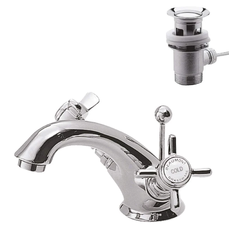 nuie I305X Beaumont Traditional Bathroom Luxury Crosshead Handle Mono Basin Mixer Tap with Pop-Up Waste, 112 x 62 x 197mm , Chrome