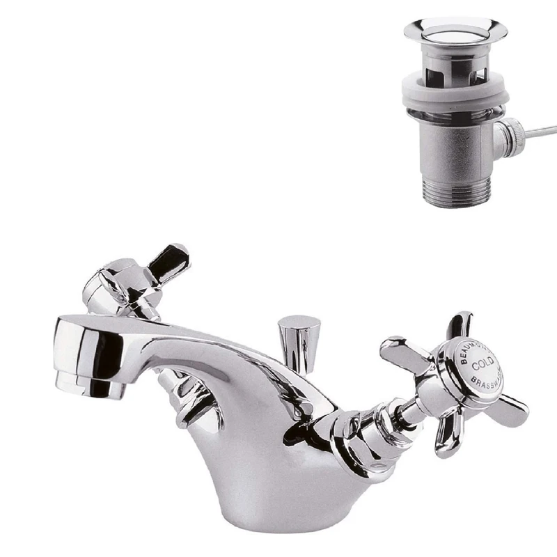 nuie I345X Beaumont Traditional Bathroom Crosshead Handle Mono Basin Mixer Tap with Pop-Up Waste, 105 x 50 x 155mm , Chrome