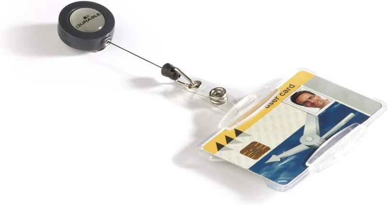Durable Security Pass Holder 54 x 85 with Badge Reel Transparent | Pack of 10 Badges | Badge Reel Length 80cm