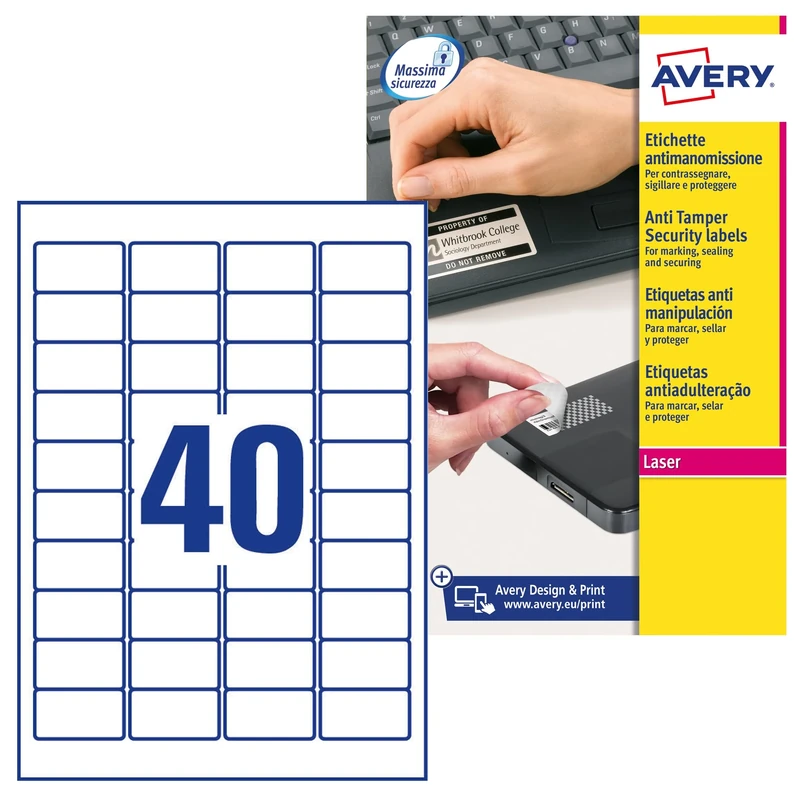 Avery L6145-20 Tamper-Evident NoPeel™ Labels, 45.7 x 25.4 mm, Laser, Permanent Adhesive, 800 Labels (L6145-20)